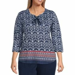 Wholesale β Allison Daley Plus Size Printed 3/4 Sleeve Lace-Up Crew Neck Knit Top Ikat Border π