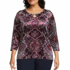 Top 10 π Allison Daley Plus Size 3/4 Sleeve Keyhole Neck Crushed Velvet Knit Top Windsor Floral Border β€οΈ