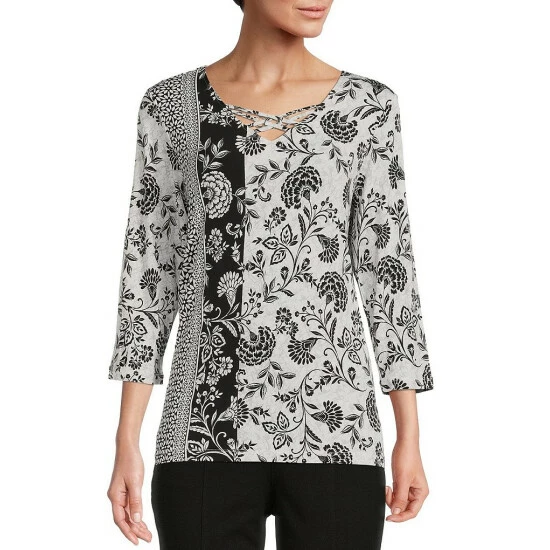 Budget β Allison Daley Floral Color Block Print Crisscross V-Neck 3/4 Sleeve Sharkbite Hem Knit Top Vertical Floral Border π
