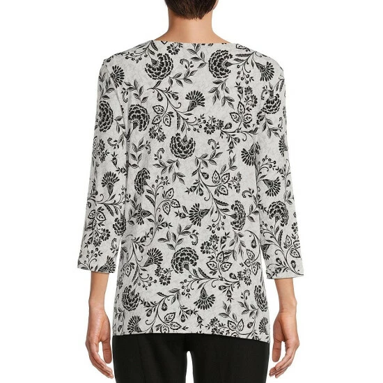 Budget β Allison Daley Floral Color Block Print Crisscross V-Neck 3/4 Sleeve Sharkbite Hem Knit Top Vertical Floral Border π - Image 2