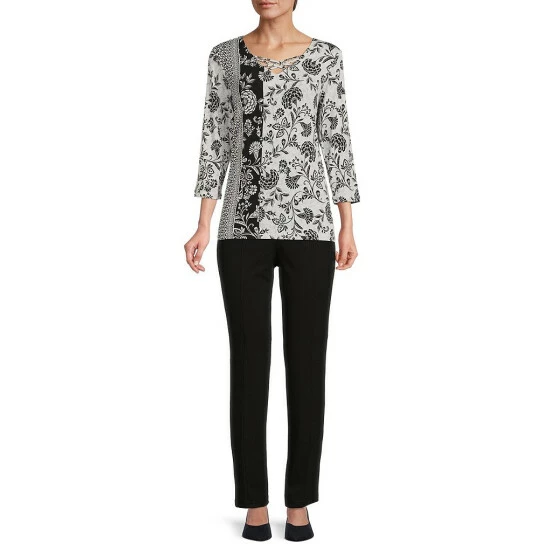 Budget β Allison Daley Floral Color Block Print Crisscross V-Neck 3/4 Sleeve Sharkbite Hem Knit Top Vertical Floral Border π - Image 3