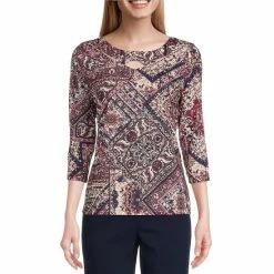 Buy 🧨 Allison Daley 3/4 Sleeve Round Cross-Over Neck Knit Top Windsor Patchwork 🎁