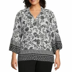 Best deal β¨ Allison Daley Plus Size Floral Print Point Collar 3/4 Bell Sleeve Button Front Top Floral Border β€οΈ