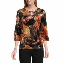 New ❤️ Allison Daley Floral Print 3/4 Sleeve Keyhole Neck Crushed Velvet Knit Top English Garden 🧨