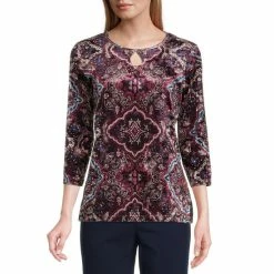 Buy 💯 Allison Daley Petite Size Windsor Floral Boarder Print 3/4 Sleeve Keyhole Neck Crushed Velvet Knit Top Windsor Floral Border 😍