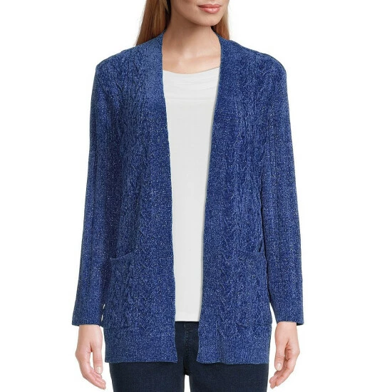 Best deal 𧨠Allison Daley Long Sleeve Open Front Metallic Chenille Cardigan Silver β - Image 8