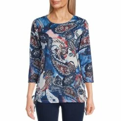 Best deal π Allison Daley Petite Size Watercolor Paisley Print 3/4 Sleeve Crew Neck Ruched Side Tie Knit Top π