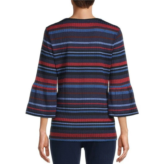 Best reviews of π Allison Daley Petite Size Striped Crew Neck 3/4 Bell Sleeve Ribbed Knit Top Heather Stripe π - Image 2