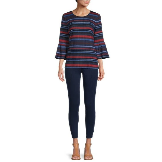 Best reviews of π Allison Daley Petite Size Striped Crew Neck 3/4 Bell Sleeve Ribbed Knit Top Heather Stripe π - Image 3