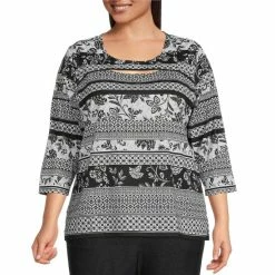 Buy 🤩 Allison Daley Plus Size Boho Geo Stripe Print 3/4 Sleeve Round Cut-Out Neck Knit Top ✨