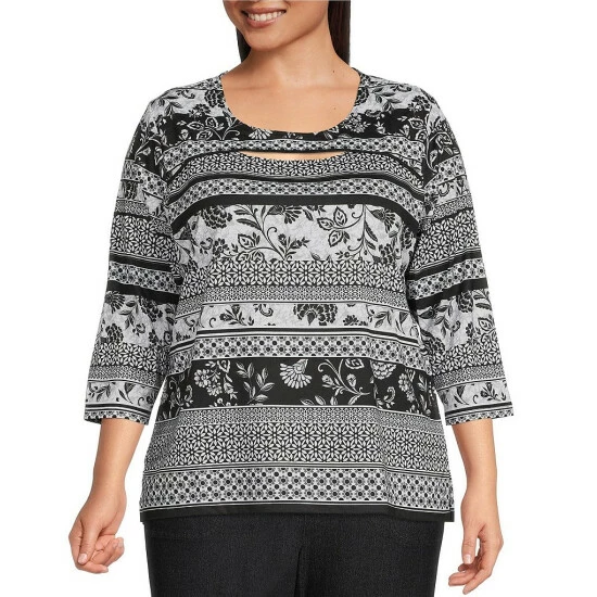 Buy 🤩 Allison Daley Plus Size Boho Geo Stripe Print 3/4 Sleeve Round Cut-Out Neck Knit Top ✨ 3 Buy 🤩 Allison Daley Plus Size Boho Geo Stripe Print 3/4 Sleeve Round Cut-Out Neck Knit Top ✨